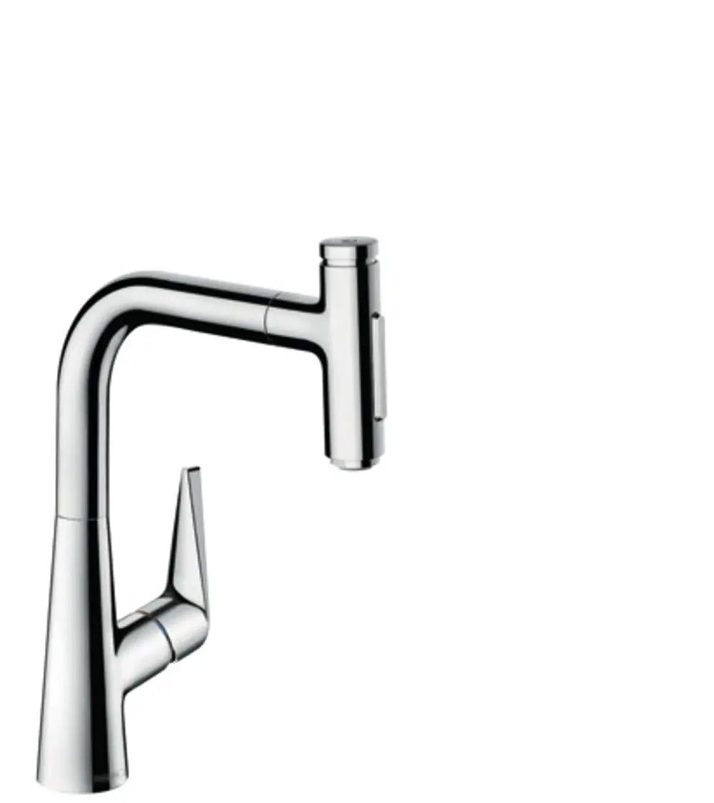 Spültischmischer von Hansgrohe mit einem ausziehbaren Schlauch und zwei Strahlarten, in verchromter Oberfläche, geeignet für Koch- und Spülbereiche.